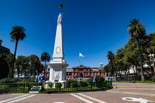 Bucharest, Romania - September 12, 2023: University Square and equestrian statue of King Mihai viteazul, work of the French sculptor Albert-Ernest Carrier-Belleuse