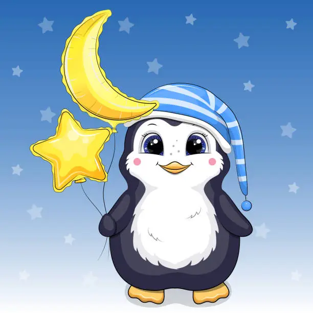 Vector illustration of Cute cartoon penguin in nightcap holds moon and star balloons.