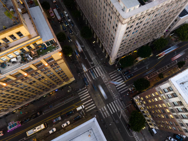 istock Aerial Shot Looking Straight Down on Evening Traffic at 7th & Spring in Downtown LA 1445816949