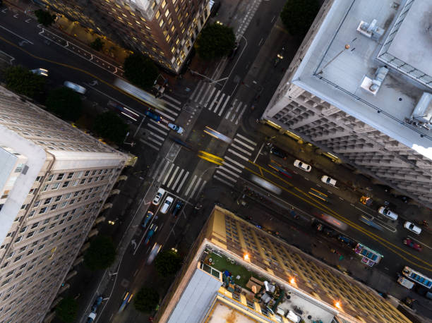 istock Evening Rush Hour Traffic in Downtown LA at 7th & Spring - Top Down Aerial Shot 1445816950