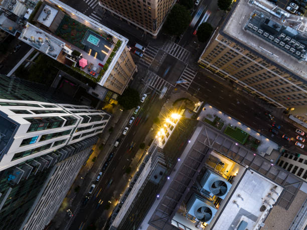 istock Top Down Drone Shot of 8th and Spring in Downtown LA at Sunset 1445816954