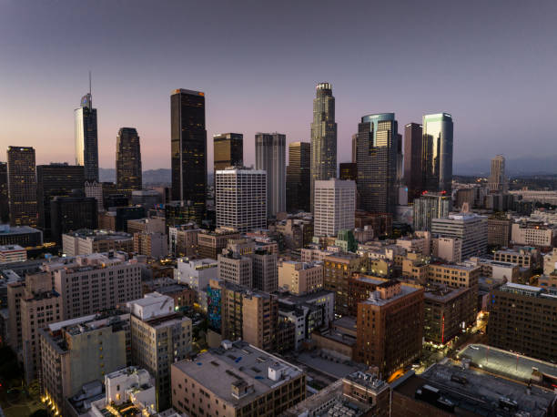 istock Downtown LA Financial District Skyline at Dusk - Aerial 1445816961