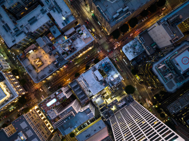 istock Aerial Shot Looking Straight Down on Rooftops in Downtown LA at Night 1445816991