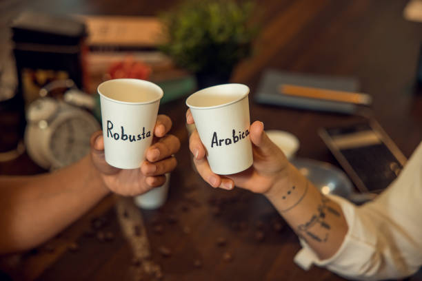 istock Biracial couple demonstrating caffeinated beverages before the camera 1445817563
