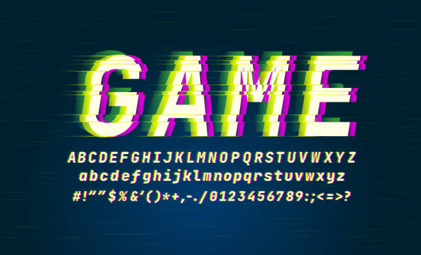Glitch style digital font Latin alphabet Latin alphabet. Set of letters, number and symbols Typography future creative design Trendy lettering modern concept. Green and pink distorted channels. Vector vector art illustration
