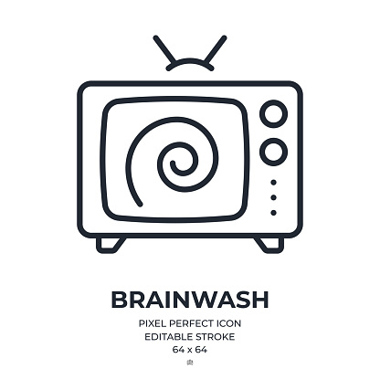 Brainwash and propaganda through television and news concept editable stroke outline icon isolated on white background flat vector illustration. Pixel perfect. 64 x 64.