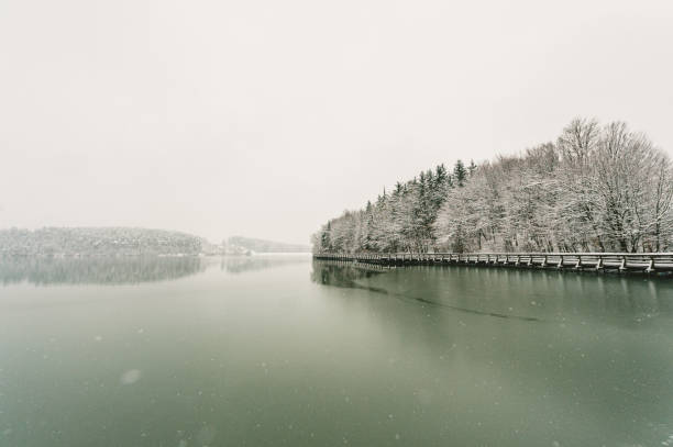 istock Winter Path By The Lake In Snowstorm 1445820537