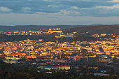 View of the city of Brno - Czech Republic - Europe. In the middle is the dominant Spilberk. The city is illuminated by the setting sun.