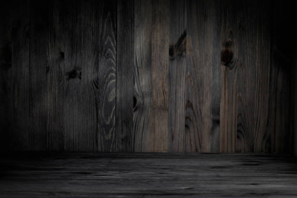 istock Wooden background for product presentation. Empty wooden table, wall with boards. Selective focus. 1445825344