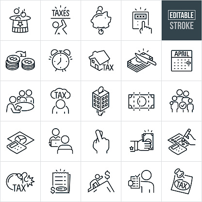 A set of taxes icons that include editable strokes or outlines using the EPS vector file. The icons include an uncle sam's hat collecting coins as tax, person being crushed by tax burden, piggybank loosing money to taxes, calculator calculating high taxes, money in the form of coins being divvied out for taxes, alarm clock to represent time running out to do taxes, residential property taxes, stack of bills being cut representing taxes, tax day, tax accountant working with couple on their taxes, person sad with head down and the word 