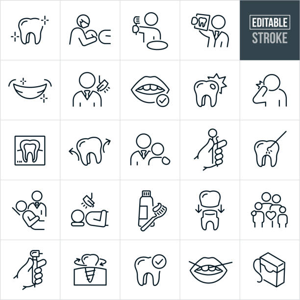 ilustraciones, imágenes clip art, dibujos animados e iconos de stock de dental thin line icons - editable stroke - los iconos incluyen dentistas, odontología, paciente, persona, tratamiento dental, diente humano, molar, higiene bucal, cepillo de dientes, pasta de dientes, cepillado de dientes, cepillado de dientes, periodonci - dentists chair dentist office clinic nobody