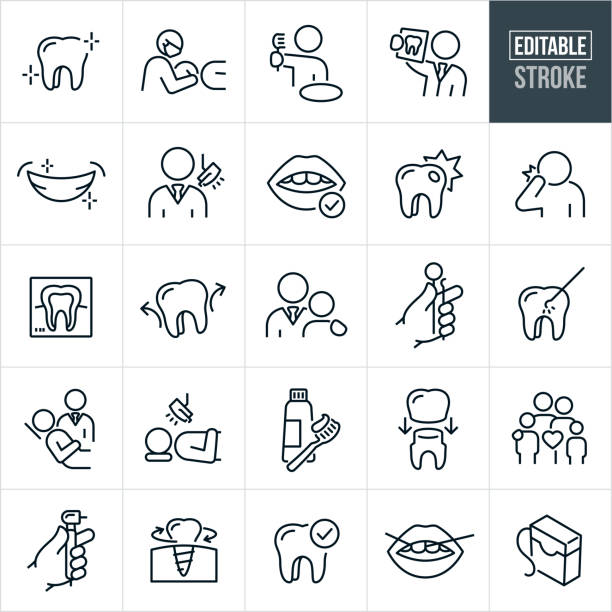 Dental Thin Line Icons - Editable Stroke - Icons Include Dentists, Dentistry, Patient, Person, Dental Treatment, Human Tooth, Molar, Oral Hygiene, Toothbrush, Toothpaste, Brushing Teeth, Periodontist, Endodontist, Dental Exam, Cavity A set of dental icons in thin lines. The EPS vector file provides editable strokes or outlines. The icons include a clean human tooth, dentist working on patients mouth, person brushing teeth at sink, dentist examining an x-ray of a tooth by holding it up to the light, smiling mouth with clean teeth from the dentist, dentist looking forward, open mouth with teeth and a checkmark to represent a clean dental exam, human tooth with cavity and in pain, person holding mouth in pain from tooth ache, tooth x-ray, molar tooth extraction, pediatric dentist with hand on shoulder of young patient, dentist's hand holding dental mirror and scraper tools, dentist pick scraping tooth, dentist examining patient in dental chair, patient laying on exam chair with light shining in mouth, toothbrush with toothpaste, dental crown, family, dentist holding dental drill, dental implant, dental check-up, teeth being flossed and dental floss. dental drill stock illustrations