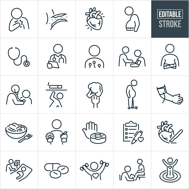 心臓病学の細線アイコン - 編集可能なストローク - アイコンには、心臓病学、心臓専門医、心血管疾患、アテローム性動脈硬化症、心臓手術、高血圧、太りすぎの人、肥満、ダイエット、運� - stethoscope human cardiovascular system pulse trace healthcare and medicine点のイラスト素材／クリップアート素材／マンガ素材／アイコン素材