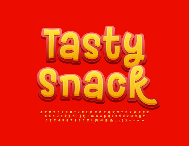 векторный рекламный плакат tasty snack. забавный рукописный набор букв и цифр алфавита - dieting cookie food number stock illustrations