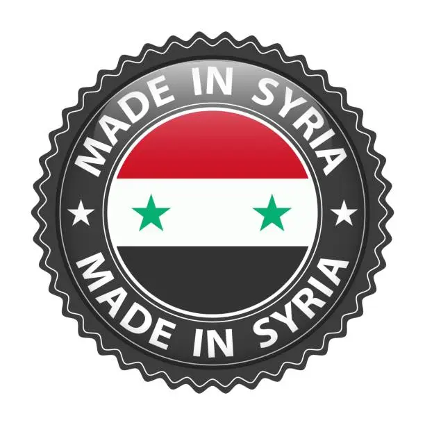 Vector illustration of Made in Syria badge vector. Sticker with stars and national flag. Sign isolated on white background.