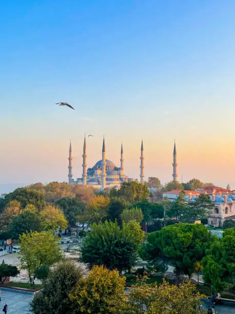 Sunset in Istanbul, panoramic view of the city and The Blue Mosque stock photo