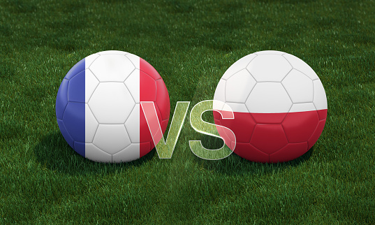Football with France vs. Poland 3D ball soccer flags on green football field. 3D illustration.