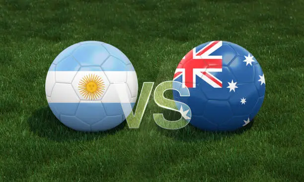 Football with Argentina vs. Australia 3D ball soccer flags on green football field. 3D illustration.