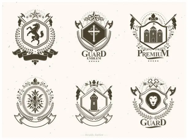 Vector illustration of Old style heraldry, heraldic emblems, vector illustrations. Coat of Arms collection, vector set.