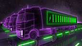 Trucks in neon light with rechargeable batteries. Abstract illustration on the theme of green energy, batteries and environmentally friendly means of cargo delivery