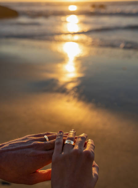 istock Sunset engagement ring, proposal, gay men on beach with copy space 1445838787