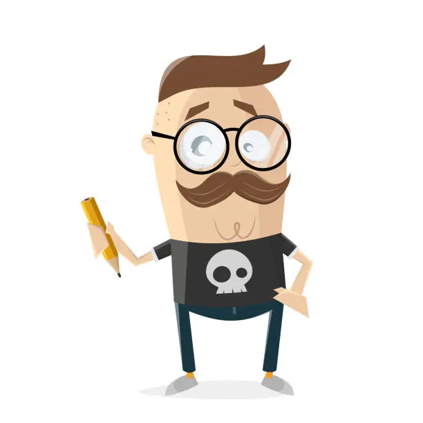 Vector illustration of funny cartoon illustration of a graphic illustrator holding a pencil