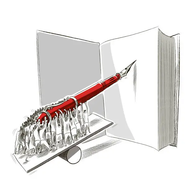 Vector illustration of human society writes the laws with a giant pen