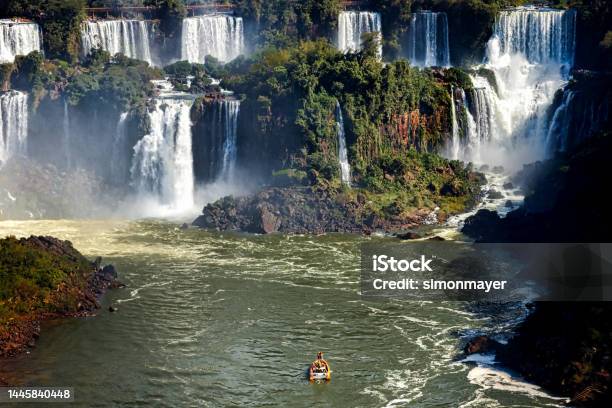 Tourist Boat Sails Towards The Iguazú Falls Stock Photo - Download Image Now - Iguacu Falls, Iguacu National Park, Iguacu River