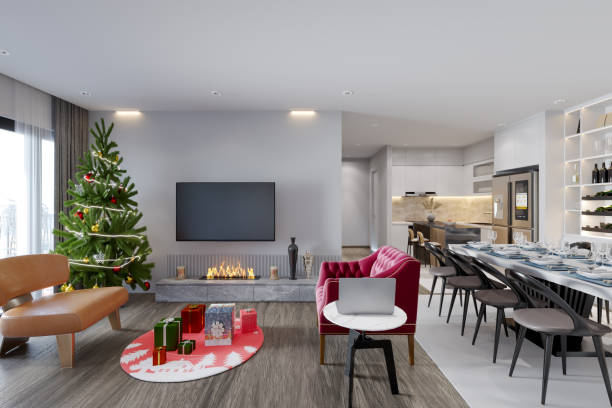 istock Kitchen View From The Living Room With Christmas Decoration. Christmas Tree And Gift Boxes 1445841202
