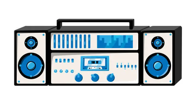 Vector illustration of Old isometry retro white vintage music cassette tape recorder with magnetic tape on reels and speakers from the 70s, 80s, 90s. Beautiful icon. Vector illustration
