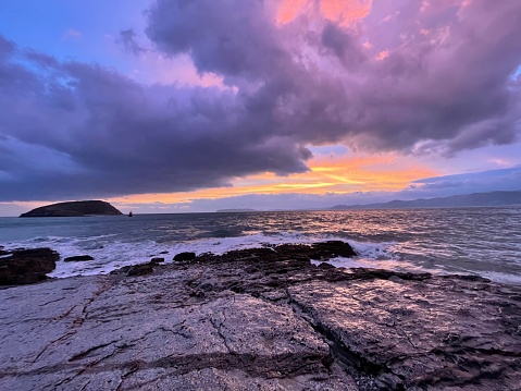 Dramatic seascape with sunset and unique cloud formation in North Wales