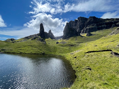 A fresh summer angle of the famous Old Man of Storr mountain on the Isle of Skye, Scotland