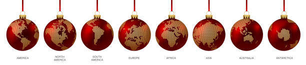 illustrazioni stock, clip art, cartoni animati e icone di tendenza di palle di natale con globo punteggiato di mondo - mappe - continente - america europa asia europa africa australia  
vettore - christmas australia asia globe