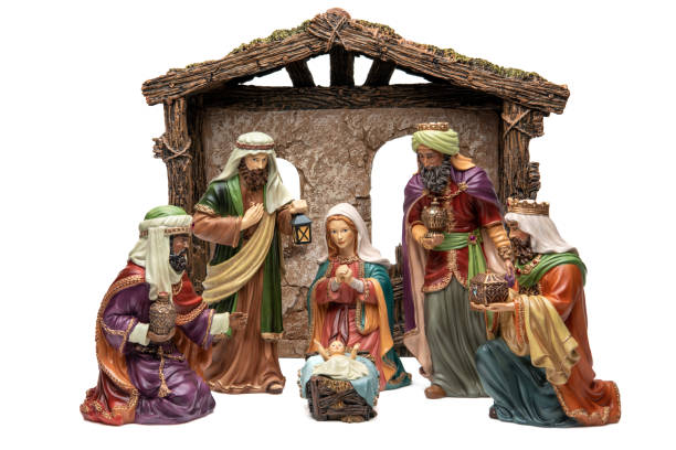 istock Adoration: Three wise men, virgin Mary, Joseph, and baby Jesus on white background 1445850044