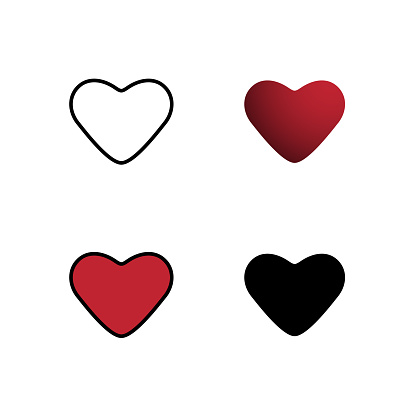 Valentine Heart Icon In 4 Style, that is line, gradient flat, color outline, and glyph.
