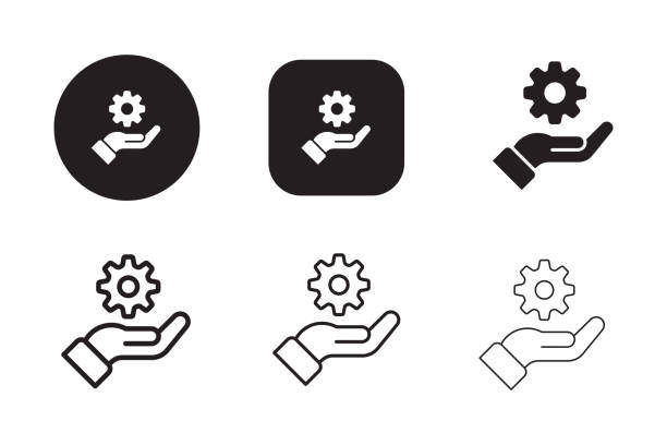 hand with gear icon - hizmet stock illustrations