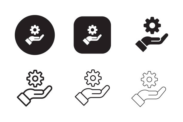 Hand with gear icon Hand with gear icon gears icon white stock illustrations
