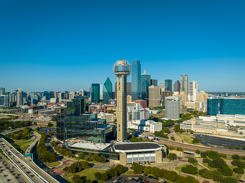 The downtown skyline of Dallas, Texas shot from about 800 feet during a photo flight.