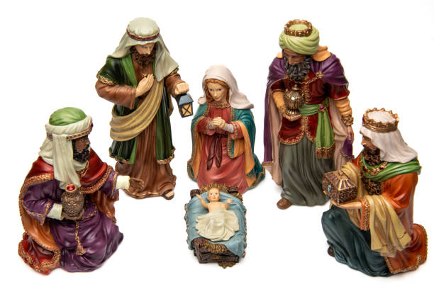istock Adoration: Three wise men, virgin Mary, Joseph, and baby Jesus on white background 1445851314