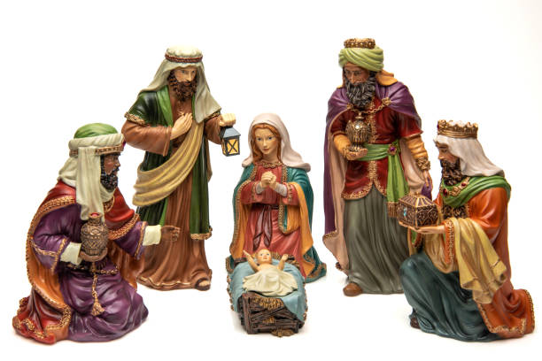 istock Adoration: Three wise men, virgin Mary, Joseph, and baby Jesus on white background 1445851345