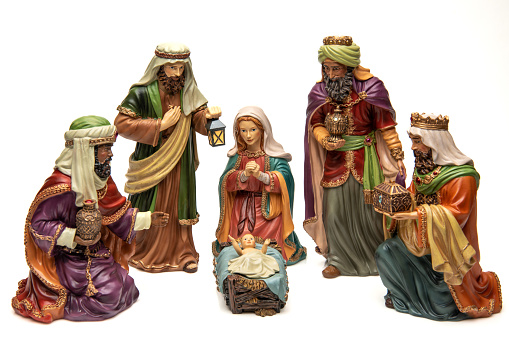 Adoration: Three wise men, virgin Mary, Joseph, and baby Jesus on white background