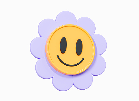 3D Daisy flower Smile face. Good vibes and positive emotion. Retro style 90s. Y2K cute smile flower sticker. Happy emoticon. Cartoon creative design icon isolated on white background. 3D Rendering