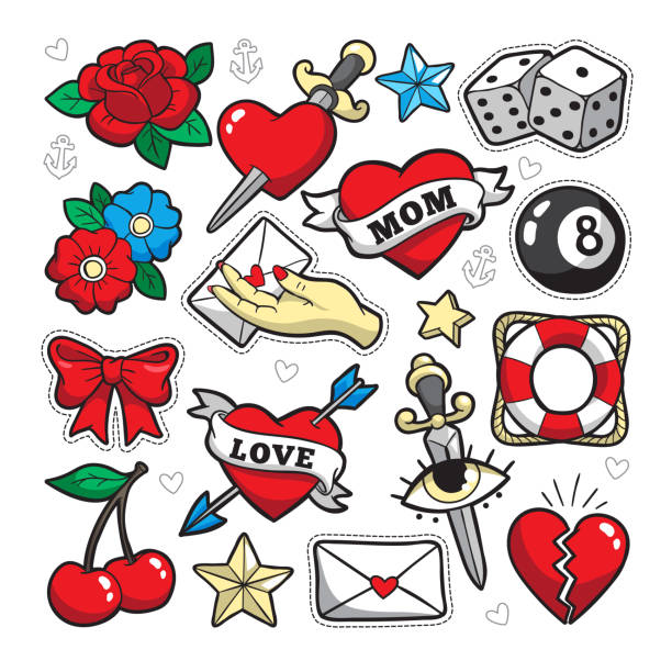 ilustraciones, imágenes clip art, dibujos animados e iconos de stock de insignias de parches de moda de la vieja escuela. - tattoo heart shape love ribbon