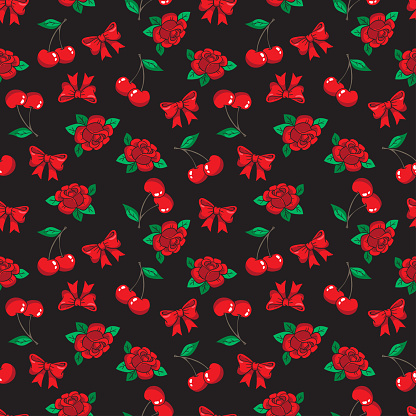 Old school seamless pattern with rose, cherry, bow and other elements. Vector background with fashion patches and pins in trendy rockabilly tattoo style.