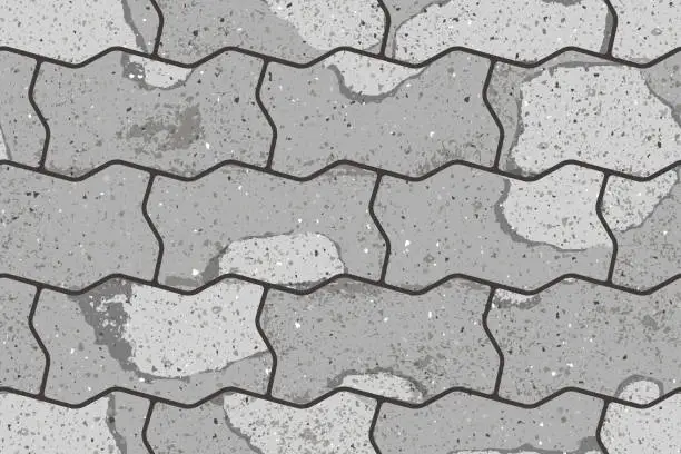 Vector illustration of Seamless pattern of pavement with figured interlocking textured cracked old bricks