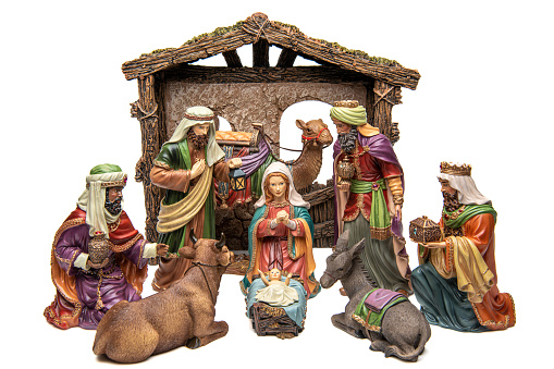 Adoration: Three wise men, ox, camel, donkey, virgin Mary, Joseph, and baby Jesus on white background