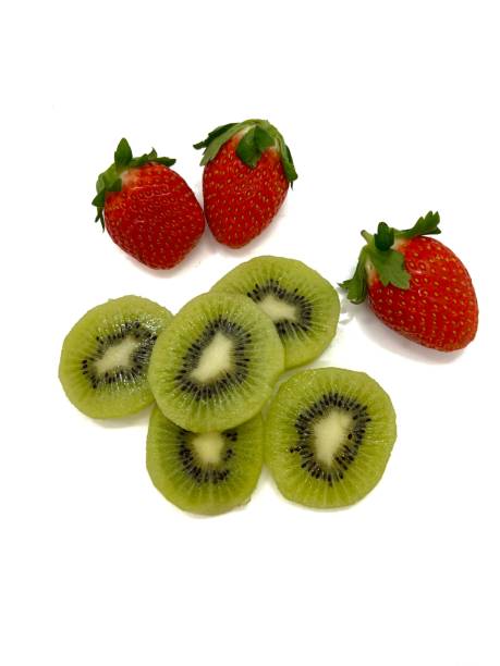 Cut kiwi and strawberry on white background