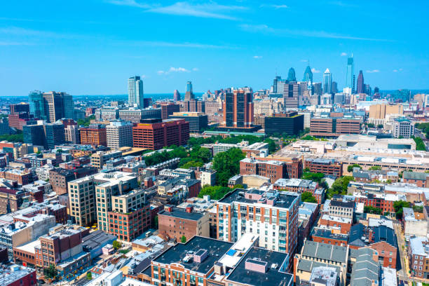 Aerial View of the Philadelphia skyline looking east towards Center City Philadelphia Pennsylvania - July 24, 2021: Aerial View of the Philadelphia skyline looking east towards Center City independence hall stock pictures, royalty-free photos & images