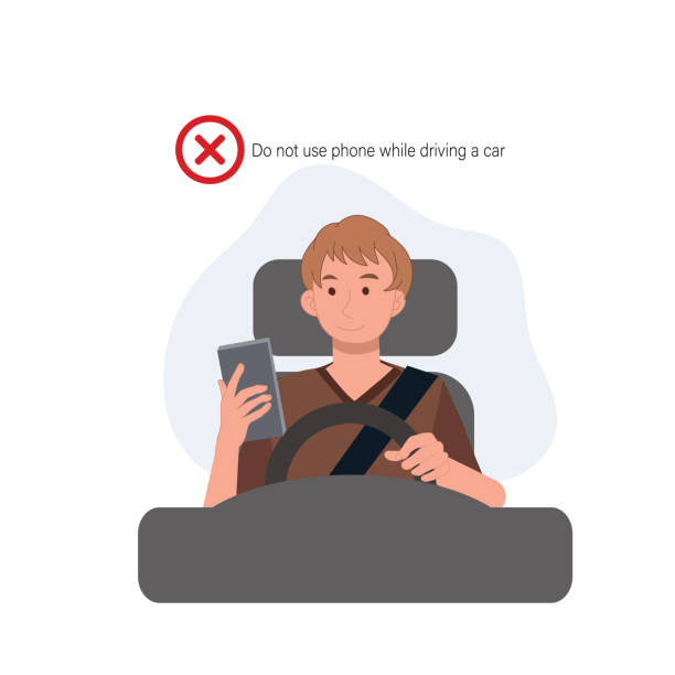 illustrations, cliparts, dessins animés et icônes de concept de règles de conduite de sécurité. téléphonez en conduisant. n’utilisez pas de mobile. un homme utilise le téléphone tout en conduisant une voiture. illustration de dessin animé vectoriel plat - driving text messaging accident car