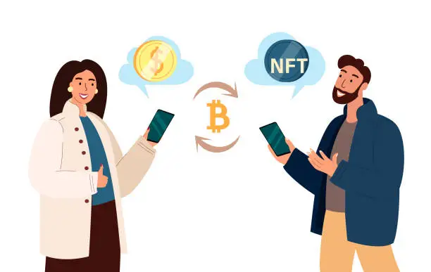 Vector illustration of Users Exchanging Assets And Cryptocurrency Bitcoin,Smart Contract, Blockchain Execution.Online Internet Concept.Business Characters with Smartphones,Finance,Technology.People Flat Vector Illustration